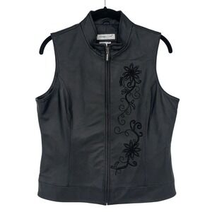 NEW Coldwater Creek Womens Leather Vest Black Small Embroidered Accents Full Zip